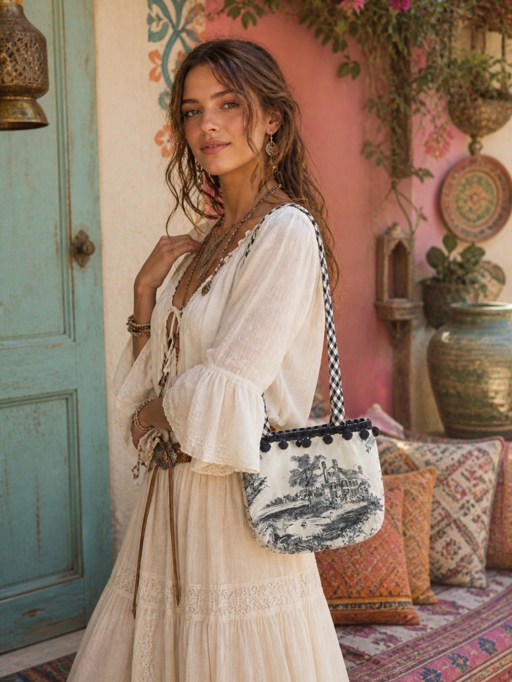 4/$15 Black & White Scenic Print Tote Bag Vintage Handmade